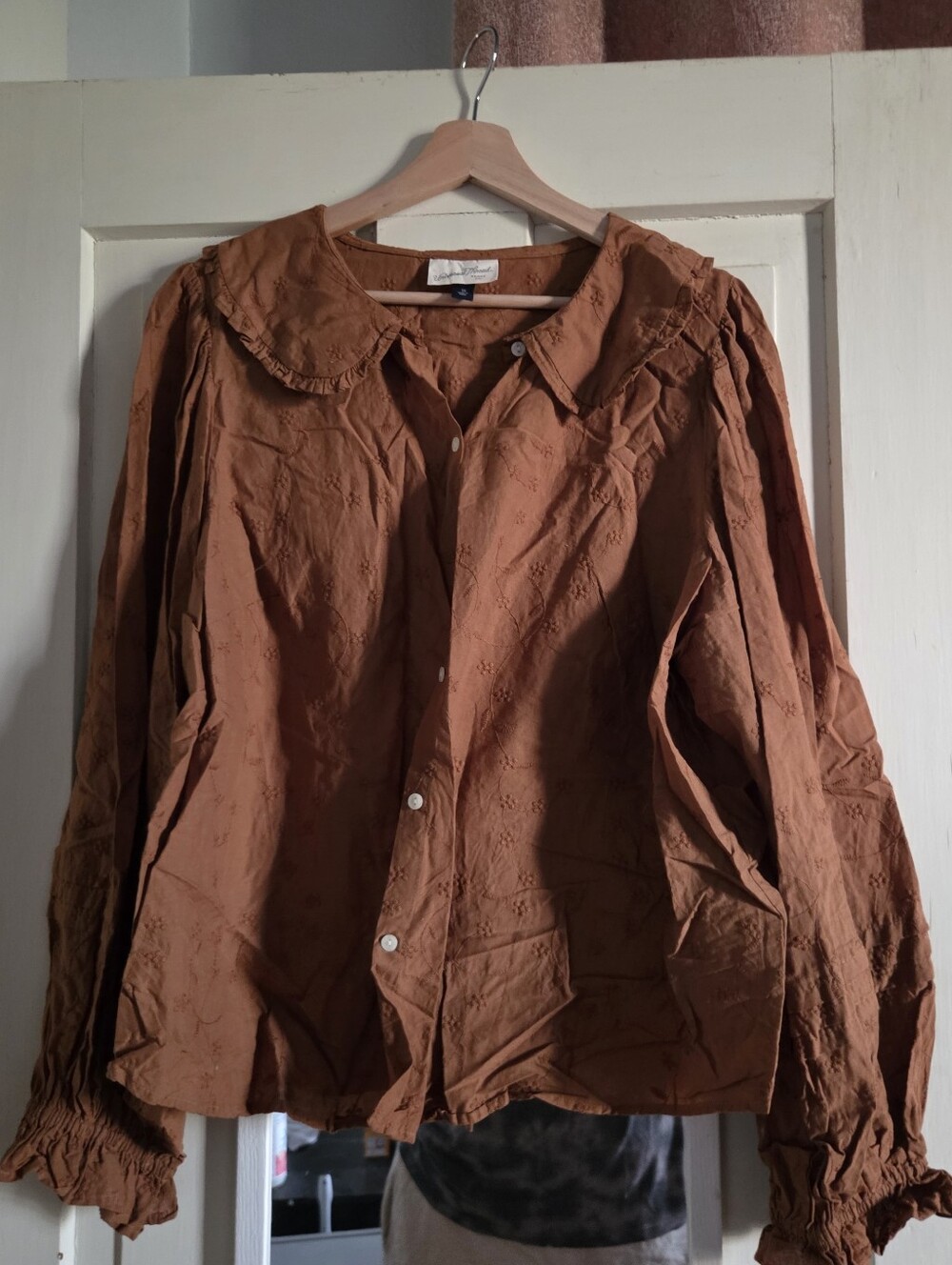 Brown Embroidered Peter Pan Collar Top